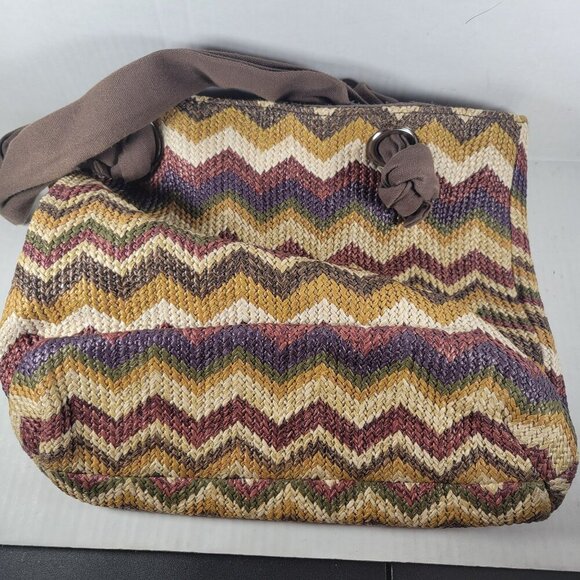 Braciano Brown Neutral Classic Everyday Beach Resort Chevron Woven Shoulder Bag - Picture 10 of 10